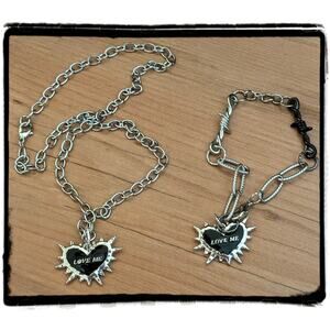 Black & Silver Barbed Wire Bracelet & Love Me Thorn Heart Necklace Lobster Clasp